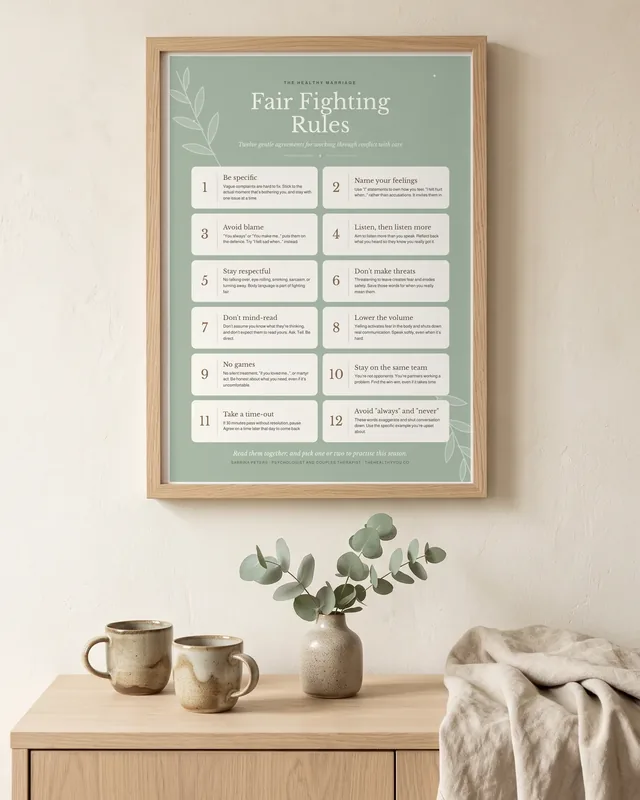 The Fair Fighting Rules poster in a light oak frame, above a timber sideboard with two ceramic mugs.